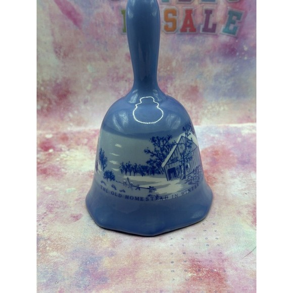 Porcelain Blue Table Bell Currier & Ives The Old Homestead in Winter ~ Vintage - Picture 4 of 6